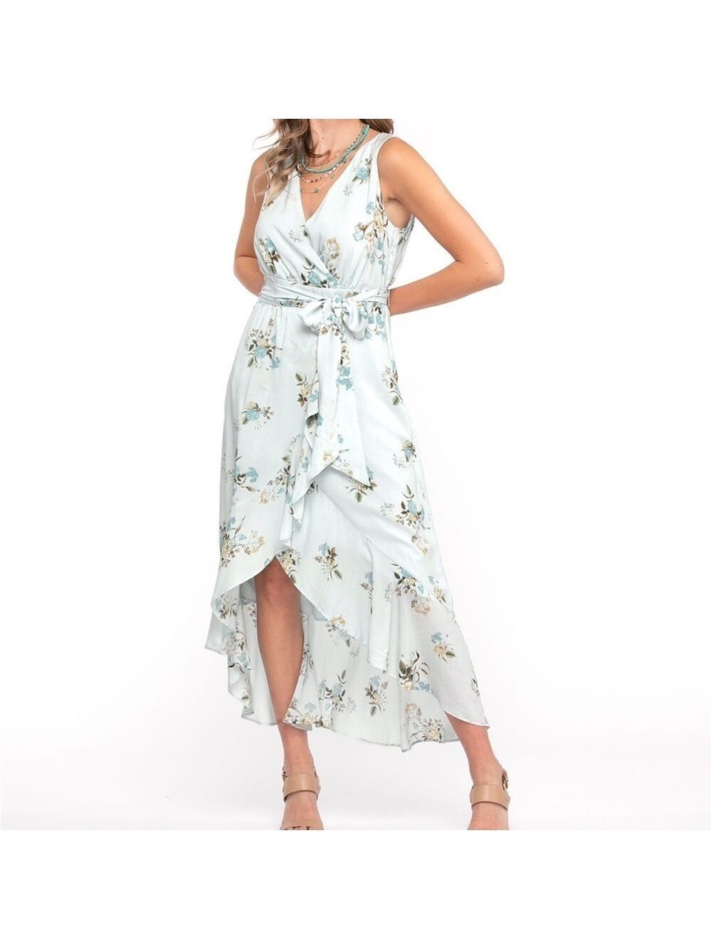Cleo Petites Blue Floral Midi Dress 14P Wrap Style Sleeveless Ruffle Hem Garden - Picture 1 of 15
